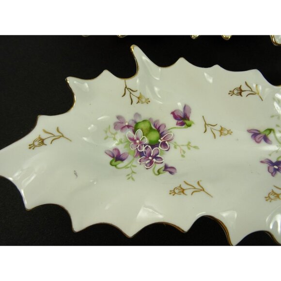 Vintage Dresden Style Leaf Dish Lot of 2 Hand Painted Floral Flowers Gold Trim - Picture 7 of 16